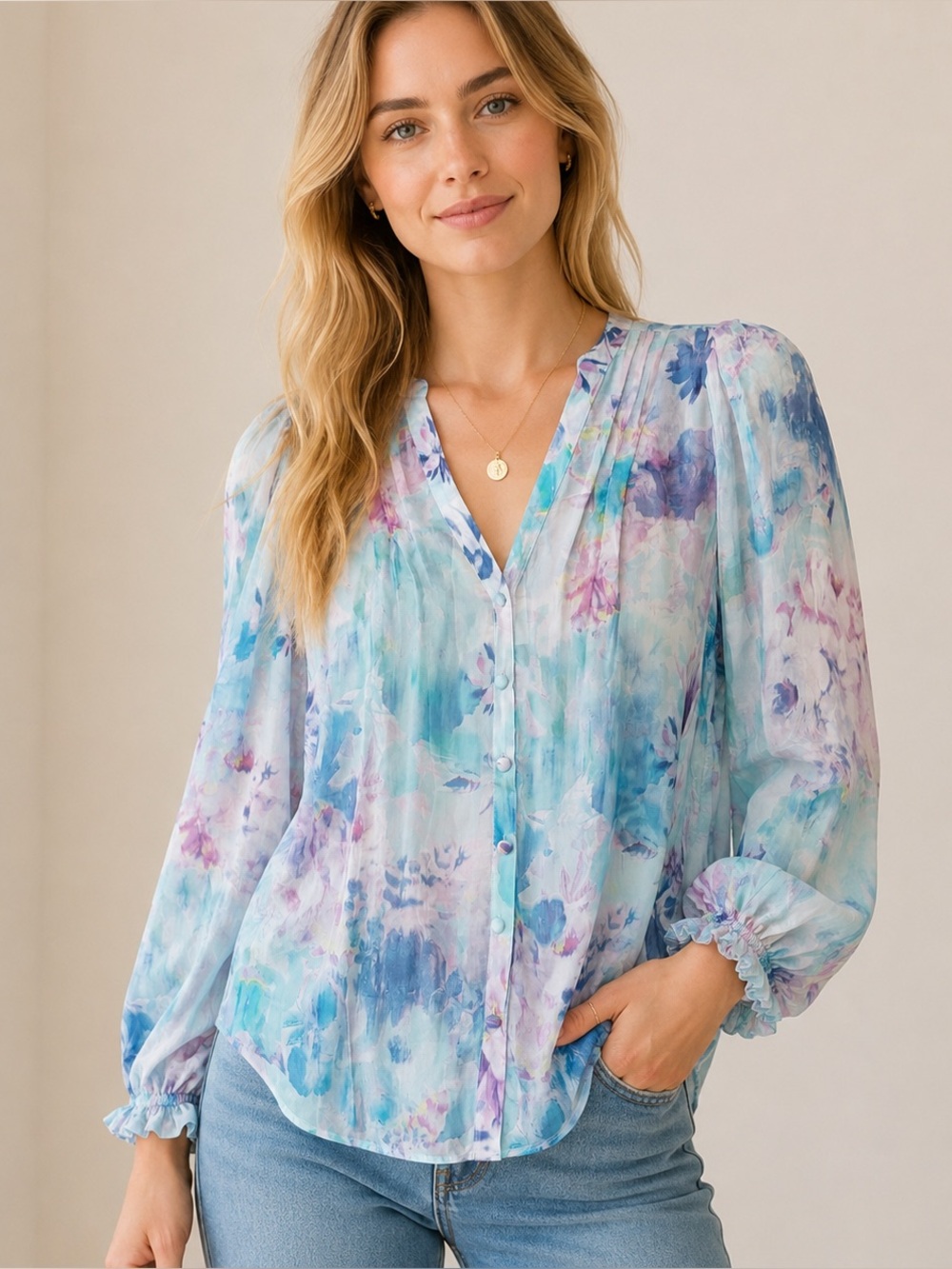 Hale Bob Watercolor Floral Print Silk-Blend Blouse Small NWT
